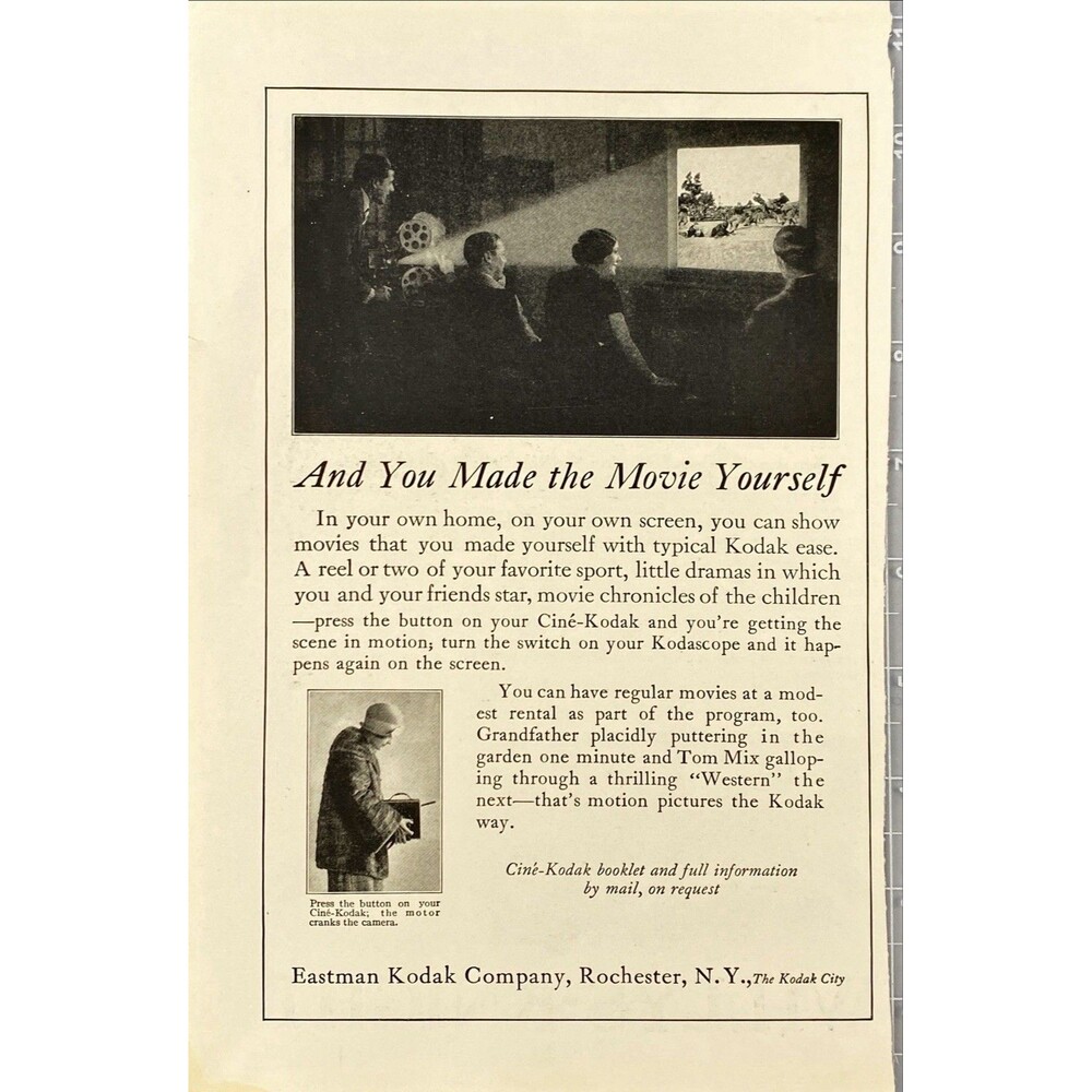 Eastman Kodak Co. "Cinc-Kodak Camera & Kodascope Projector" Vtg Print Ad 1924